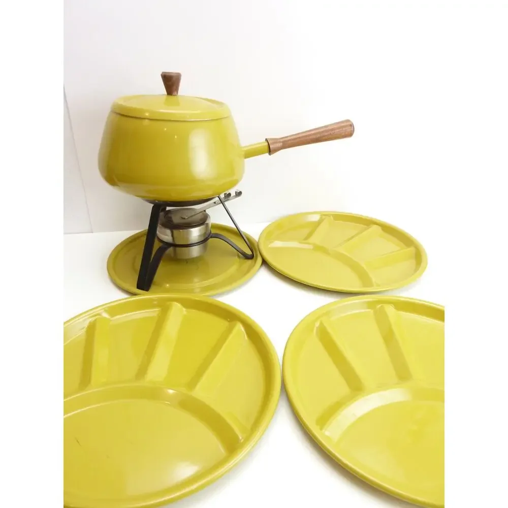 Vintage MCM Japan Yellow Aluminum Fondue Pot Set Wood Handles Plates